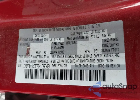 2014 Mazda Mazda3 I Sport из США, поврежденный, VIN 3MZBM1K75EM109049